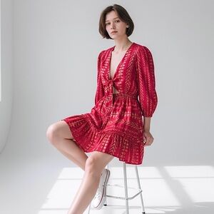 Elan Mini Dress Tie Front Tiered Skirt Red and Gold V-Neck 3/4 Sleeve Elastic
